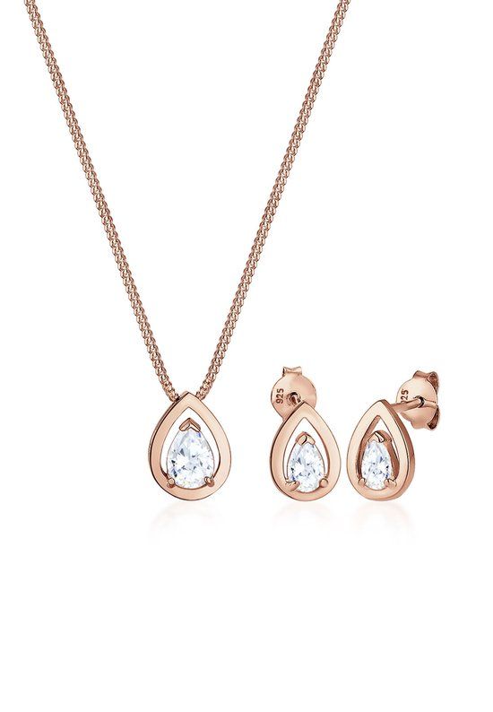 Elli Dames Sieraden Set - Drop met Zirkonia Kristallen - 925 Sterling Zilver Roségoud verguld