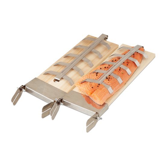 Relaxdays rookplank set van 2 stuks - edelstaal houder - cederhout - zalmplank - barbecue