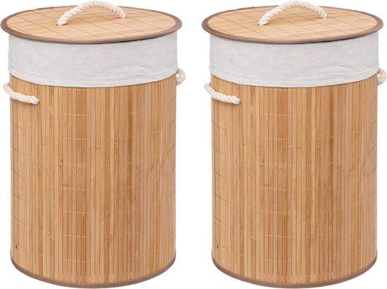 5five Wasmand van bamboe - 2x - 48 liter - 35 x 50 cm - met deksel - Lichtbruin