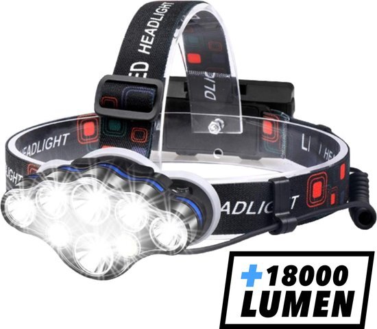WildTech Hoofdlamp - Hoofdlamp LED oplaadbaar - Hoofdlampje - 8 LED-koplampen - 18000 lumen - 500 meter bereik - Verstelbaar