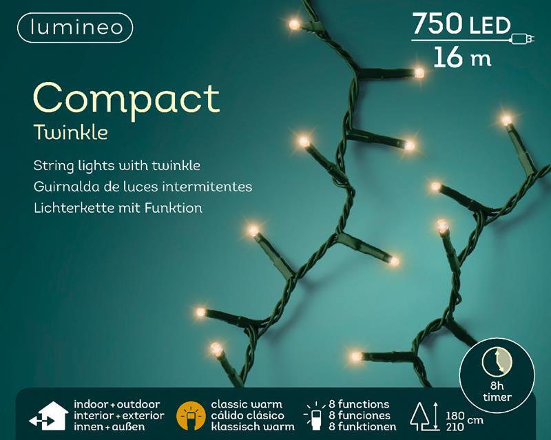Lumineo LED Compact Lights Twinkel Effect 750L 16m, 8 Functie Twinkel Effect, 8uur Timer