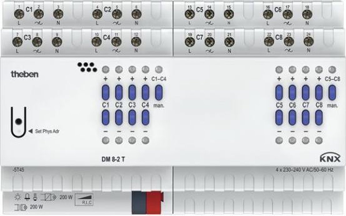 Theben 4940285 DM 8-2 T KNX 8-voudige universele dimactor FIX2 met dimbereik 0-100%, ballast