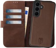 Rosso Elite Hoesje Geschikt voor Samsung Galaxy S25 FE | Compatibel met MagSafe / Qi2 | Book Case en Back Cover | Magnetisch Uitneembaar | Echt Leer Beschermhoes met Pasjeshouder | Bruin