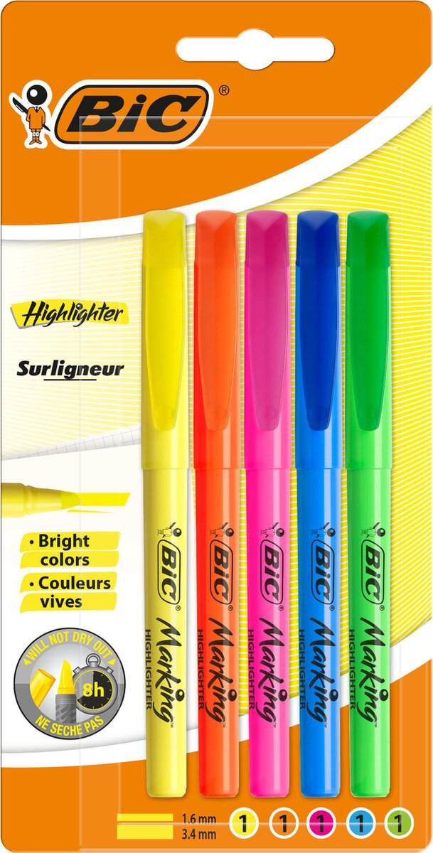 BIC Highlighter Markers Schuine Punt - Verschillende Fluorescerende Kleuren - Verpakking van 5 Stuks