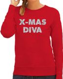 Bellatio Decorations Bol Kersttrui Christmas Diva - voor dames - rood - met zilveren glitter letters - lange mouwen - XS