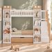 Lit superposé/lit à la française/lit pour enfant 90x200, en bois, avec tiroir, barrière de sécurité, escalier avec rangement, design château