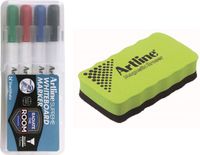 Artline Whiteboard Marker Set - 4 Stuks & Magnetische Wisser - Kogelpunt 2,0mm - Zwart, Blauw, Rood & Groen