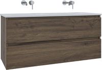 Saniclass Chaci Badkamermeubelset - 120x45x55cm - keramische wastafel glans wit - 2 wasbakken - zonder kraangaten - 2 lades - mat noten