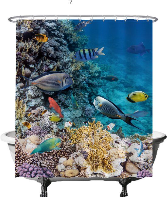 Ulticool Douchegordijn - Koraal Zee Duiken - 180x200cm - Blauw/Oranje