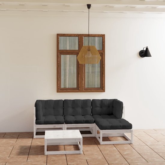 The Living Store Loungebankset Wit - Grenenhout - 70x70x67 cm - Inclusief kussens