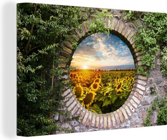 OneMillionCanvasses Canvas schilderij 180x120 cm - Zonnebloemen - Doorkijk - Muurdecoratie