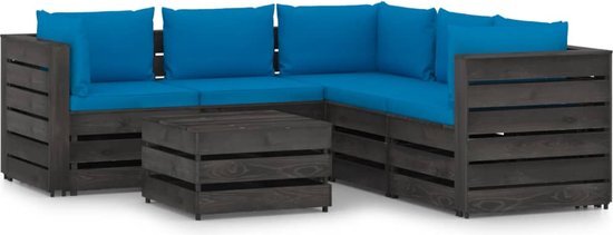 The Living Store Pallet Loungeset - Grenenhout - 69 x 70 x 66 cm - Lichtblauwe kussens