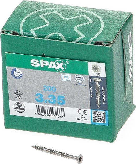 Spax Spaanplaatschroef platverzonken kop RVS T-Star T10 voldraad 3.0x35mm (200 stuks)