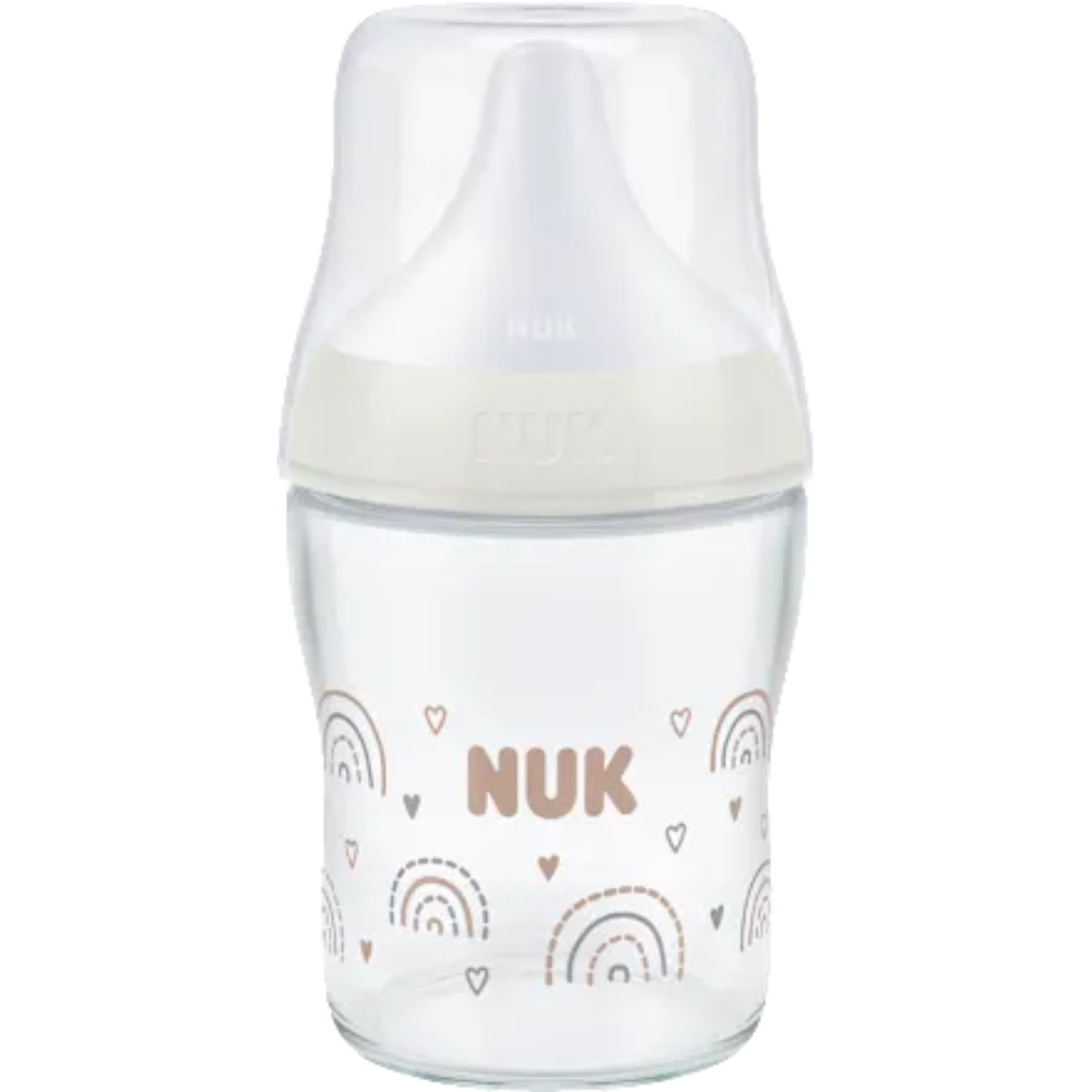 NUK Perfect Match glazen babyfles | 0+ maanden | 120ml | Anti-Koliek voedingsfles | Temperatuurcontrole-indicator | Regenboog | 1 stuk