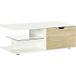 Table basse rectangulaire design moderne, 2 tiroirs, 2 niches, étagère, verre trempé, panneaux blanc aspect chêne clair, meuble salon contemporain.