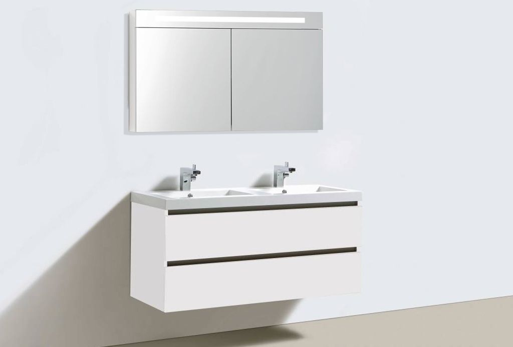 Badkamerplanet Badkamermeubel Trento Greeploos Mineraal 120 cm Hoogglans Wit met Spiegelkast