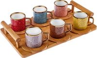 Karaca Bambu Gekleurde Koffiekopjes Set voor 6 Personen - Elegante 90 ml Koffiekopjes met Dienblad