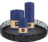 Wiedemann Cilinderkaarsen - stompkaarsen set - op zwart dienblad van metaal - 3x stuks - donkerblauw - 6 x 12 - 10x15 - 7x20 cm