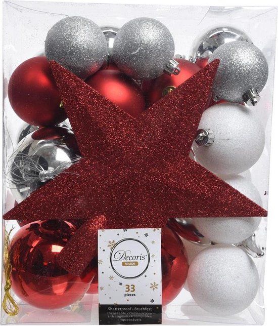 Decoris Kerstballen Decoris Gesorteerde kleuren Kunststof Wit 33 stuk(s) 6 cm