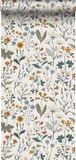 ESTAHome Behang Veldbloemen Okergeel, Vergrijsd Groen en Vintage Blauw - 53 cm x 10.05 m