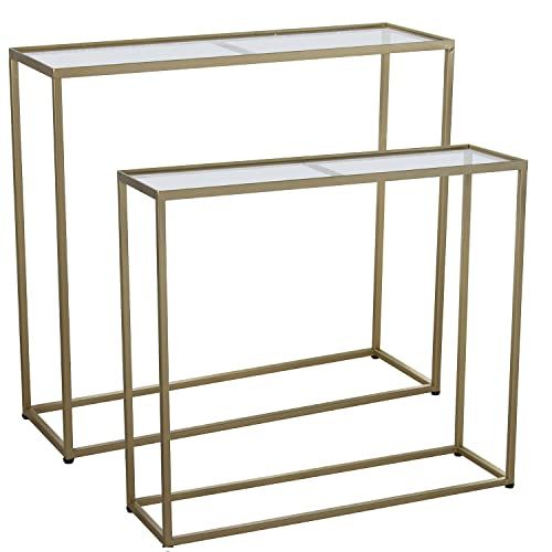 DRW Set of 2 Rectangular Entry Tables - Metal & Glass - Gold & Transparent - 90x28x80cm & 85x24x75cm