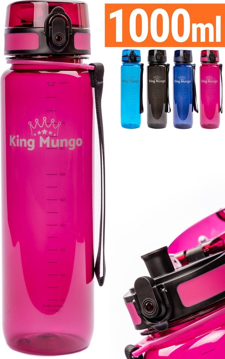 King Mungo 1 Liter Drinkfles - Vaatwasserbestendig - Sport Bidon Drinkbus 1000ml Paars/rood