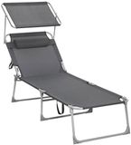 Merkloos Ligstoel – Strandbed – Extra groot – Met zonnescherm – 200 x 71 x 38 cm – Grijs