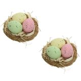 Decoris 4x stuks decoratie vogelnestje met 3 gekleurde eieren 9 x 5 cm - Pasen voorjaar thema versiering