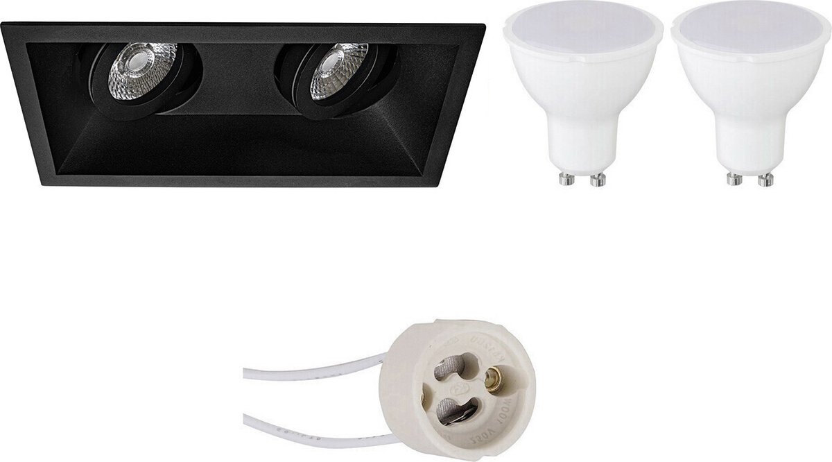 Qualu LED Spot Set - Proma Zano Pro - GU10 Fitting - Dimbaar - Inbouw Rechthoek Dubbel - Mat Zwart - 6W - Helder/Koud Wit 6400K - Kantelbaar - 185x93mm