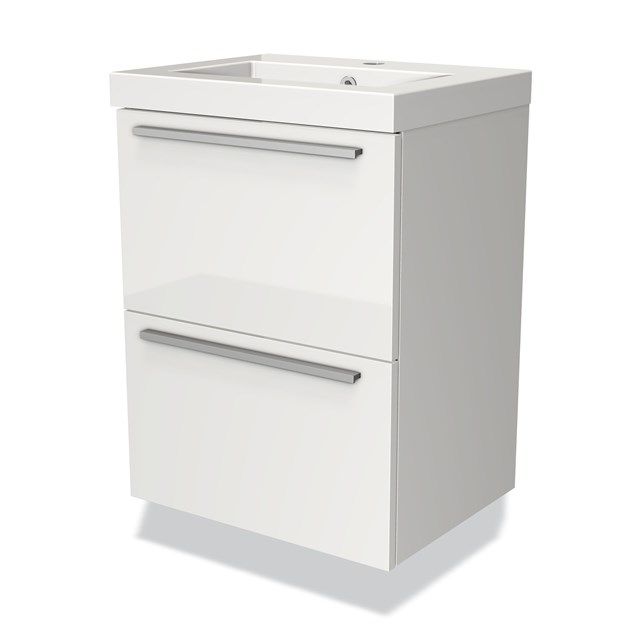 Maxaro Badkamermeubel 50cm Modulo Slim Hoogglans Wit 2 Lades Vlak Wastafel Mineraalmarmer