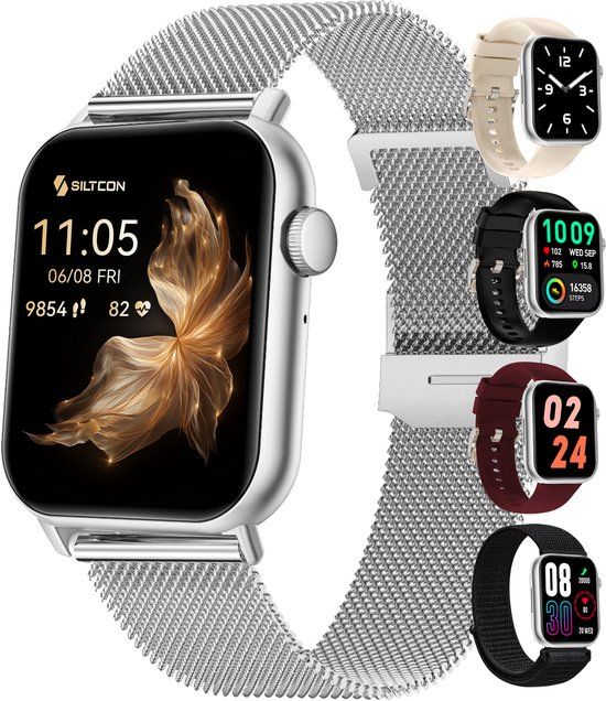 Siltcon® Seréa Smartwatch Dames - Smartwatch Heren - Horloge Dames - Stappenteller Horloge Dames - Hartslagmeter - Slaapmonitor - Saturatiemeter - Belfunctie - Geschikt voor iOS/Android - AMOLED - RVS - Elke pols - Incl. 5 Bandjes
