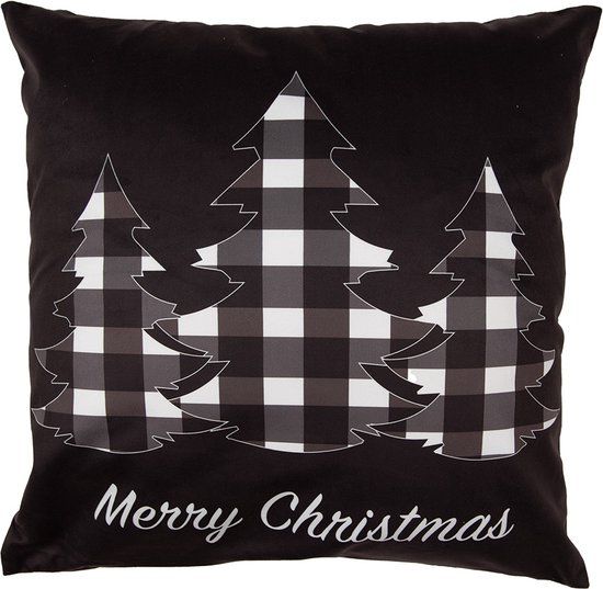 Clayre & Eef Kussenhoes 45x45 cm Zwart Wit Polyester Kerstbomen Merry Christmas