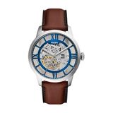 Fossil Townsman horloge voor mannen, automatische driehandbeweging met roestvrij staal of leren riem, blauw en bruin, 44 mm