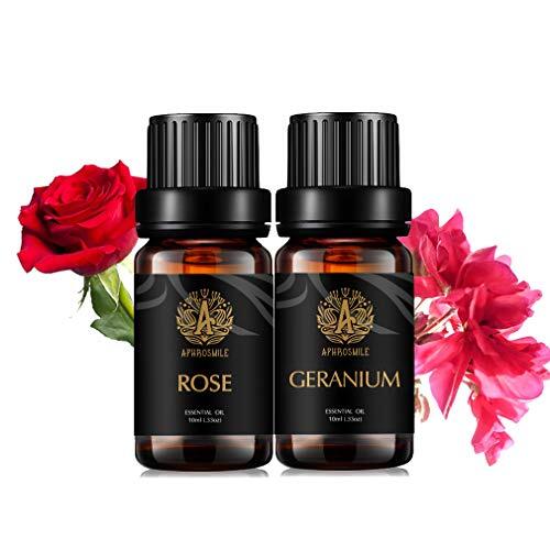 Aphrosmile Aromatherapie Rose etherische olie set voor diffuser, 2 x 10 ml 100% pure geranium etherische olie kit voor massage, therapeutische grade geranieoliën voor thuis, 100% pure rozenoliën voor kaars en zeep maken