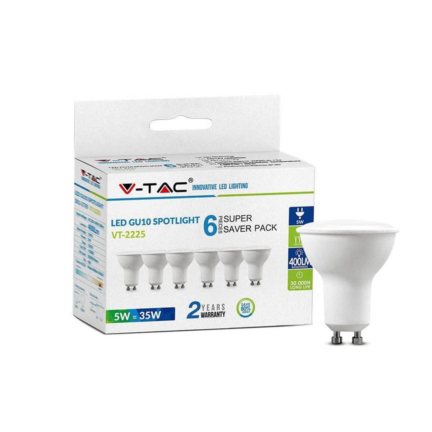 V-tac VT-2225 6-pack LED spotjes - GU10 - 5W - 400 Lm - 3000K