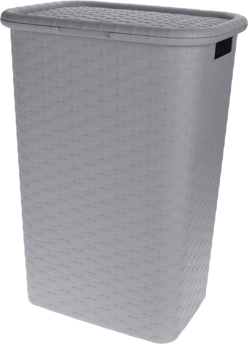 Bellatio Design Wasmand rotan met deksel grijs 60 liter - Kunststof geweven wasmanden