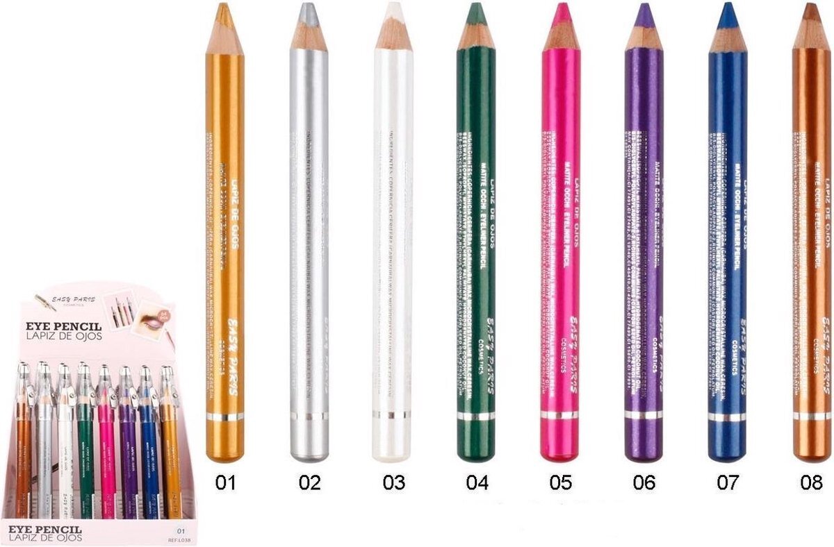 Easy Paris Cosmetics 8 Jumbo Oogschaduw en Oogpotlood met puntenslijper - Goud/Zilver/Wit/Groen/Roze/Paars/Blauw/Bruin - Set met 8 stuks