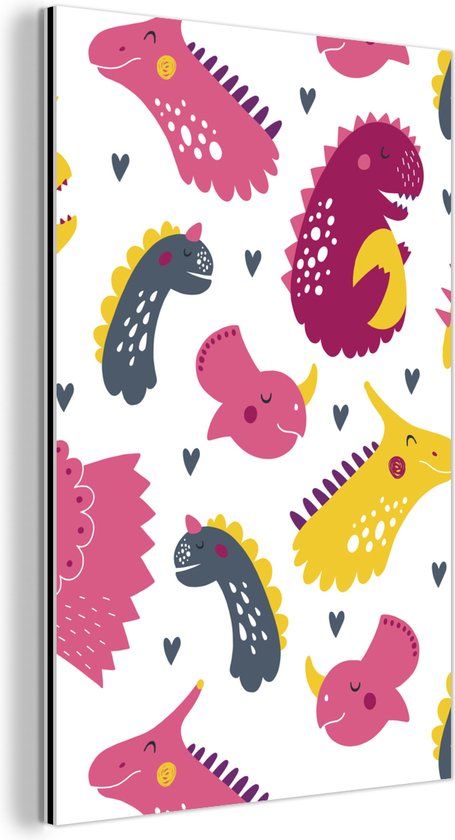 MuchoWow Wanddecoratie Metaal - Aluminium Schilderij Industrieel - Dino - Roze - Meisjes - 60x90 cm