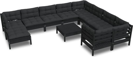 vidaXL 11-delige Loungeset met kussens grenenhout zwart