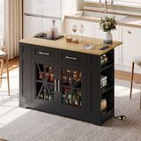 STILVORA Keukeneilandwagen - Uitklapbaar Tafelblad Met Stopcontacten En Usb - Met Glazen Deuren En Lades - MDF - Zwart;Natuurlijk - 120x40(65)x92 cm