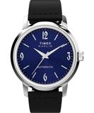 Timex Marlin Automatic Herenhorloge 40 mm – zwarte leren band met blauwe wijzerplaat en roestvrijstalen kast TW2W93100