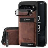 SURAZO Echt leren achterhoes voor Google Pixel 9 Pro, stootvast leren telefoonhoes met camerabescherming, glas, kaartenvak, standfunctie, sleutelhangertje, bruin