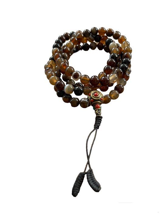 Merkloos / Sans marque Mala ketting - Agaat Edelsteen - Botswana Agaat - 108 kralen - 52 cm - Beige/Bruin/Grijs