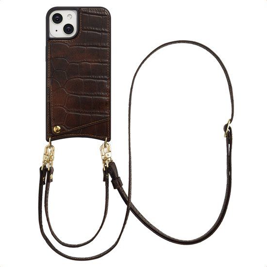 Selencia Hoesje - Geschikt voor Apple iPhone 14 / 13 - Croco Backcover met koord en pashouder - Choco Brown