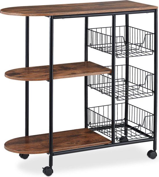 Relaxdays Roltafel op wielen - 3 etages - industrieel - zwart-bruin