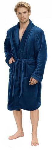 NY Threads Luxe ochtendjas voor heren, superzachte fleece badjas, behaaglijke sjaalkraag, loungewear en nachtkleding, Marinier