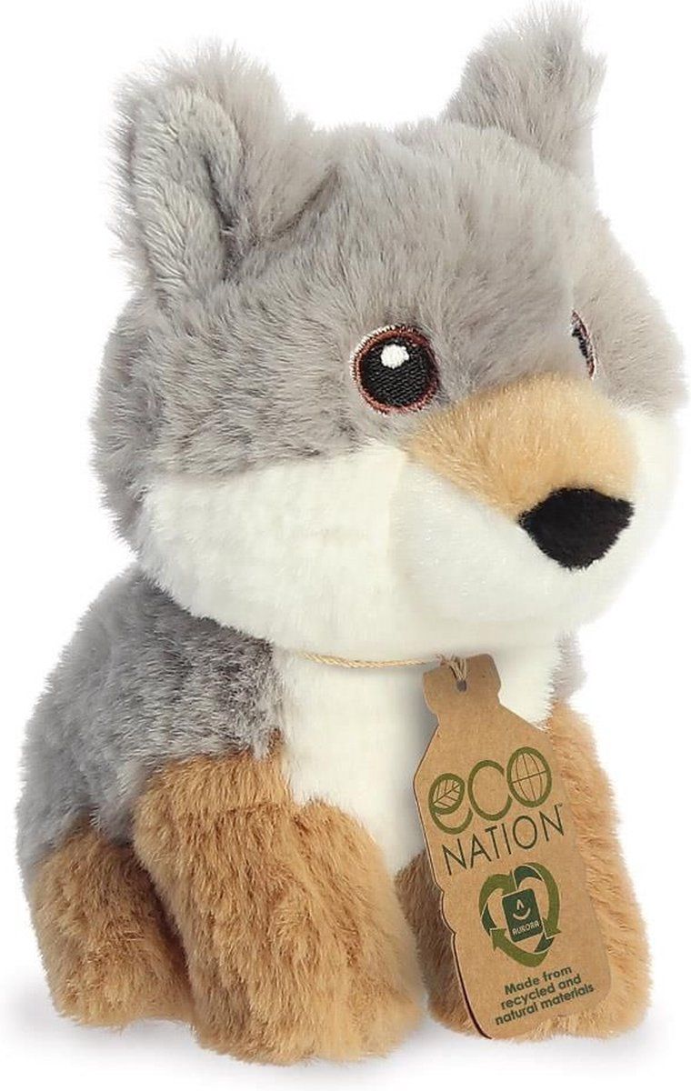 Aurora Pluche wolf knuffel - 13 cm - Wit/Bruin/Grijs