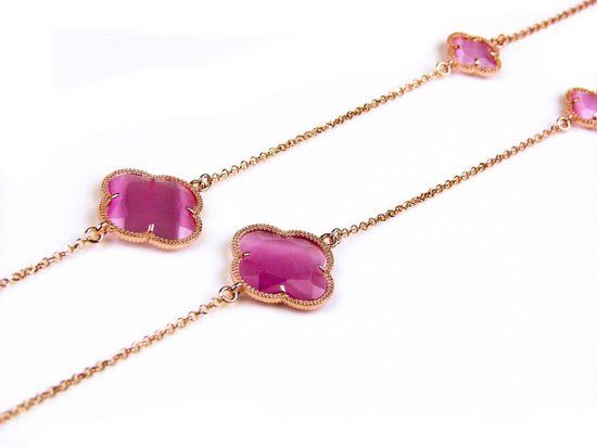 Zilveren collier roze verguld met roze klavers - 90 cm