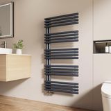 EMKE Warmwaterhanddoekdroger voor badkamer, 1265 x 600 mm, ronde buizen, handdoekwarmer met zijverbindingen, handdoekwarmer, badkamer, antraciet, 776 W