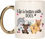 Bellatio Decorations Cadeau koffie/thee mok - life is better with dogs - gouden oor - honden